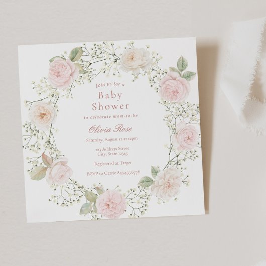 Pink Roses Baby's Breath Girl Baby shower Kaart