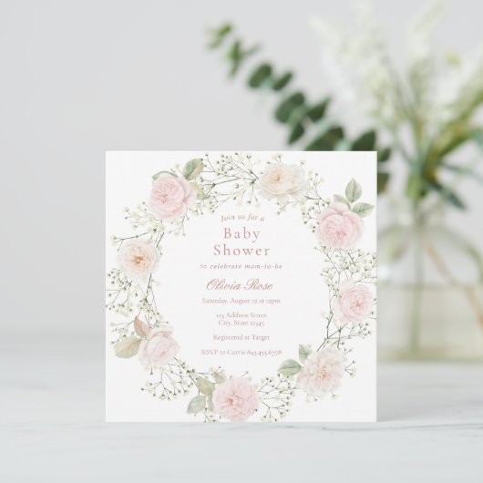 Pink Roses Baby's Breath Girl Baby shower Kaart (Staand voorkant)