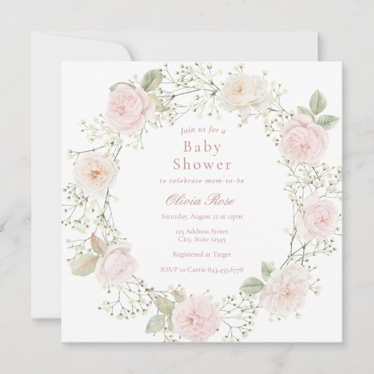 Pink Roses Baby's Breath Girl Baby shower Kaart (Voorkant)