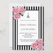 Pink roses black white stripes Paris Birthday Kaart (Voorkant)