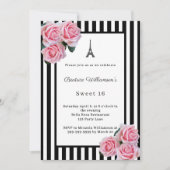Pink roses black white stripes Paris Sweet 16 Kaart (Voorkant)