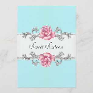 Pink Roses Blauwgroen Blue Sweet Sixteen Verjaarda Kaart