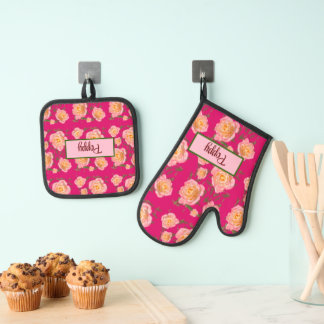 Pink Roses bloemenfoto Ovenwant & Pannenlap Set