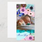 PINK ROSES, BLUE BUTTERFLES NIEUW BABY FOTO TEMPLA AANKONDIGING (Voorkant / Achterkant)