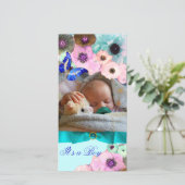 PINK ROSES, BLUE BUTTERFLES NIEUW BABY FOTO TEMPLA AANKONDIGING (Staand voorkant)