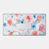 Pink Roses Blue Flowers Waterverf Floral Pattern Bureaumat (Keyboard & Muis)