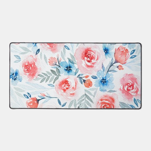 Pink Roses Blue Flowers Waterverf Floral Pattern Bureaumat (Voorkant)