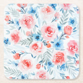 Pink Roses Blue Flowers Waterverf Floral Pattern Kartonnen Onderzetters (Voorkant)