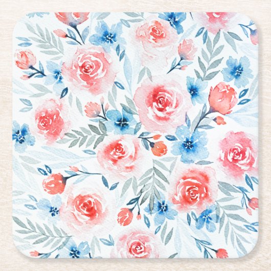 Pink Roses Blue Flowers Waterverf Floral Pattern Kartonnen Onderzetters (Voorkant)