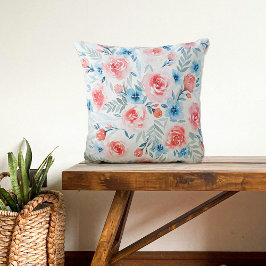 Pink Roses Blue Flowers Waterverf Floral Pattern Kussen