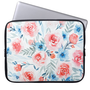 Pink Roses Blue Flowers Waterverf Floral Pattern Laptop Sleeve