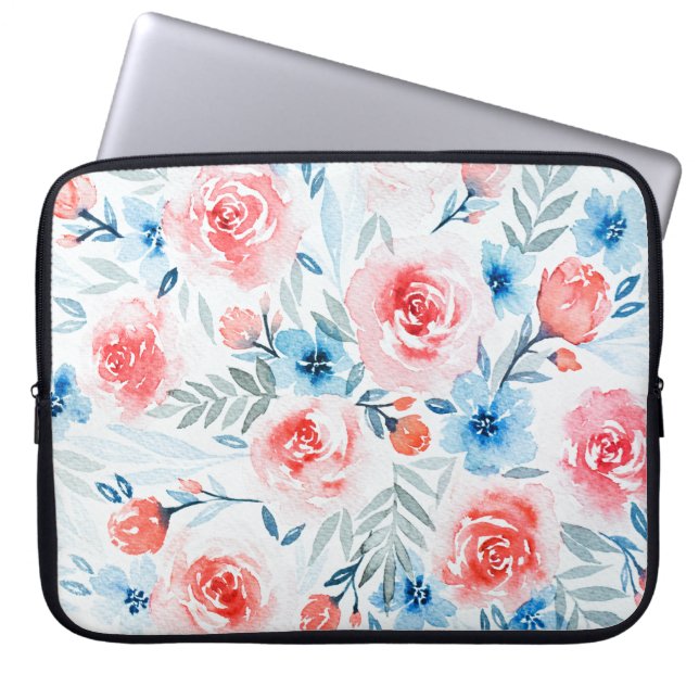 Pink Roses Blue Flowers Waterverf Floral Pattern Laptop Sleeve (Voorkant)