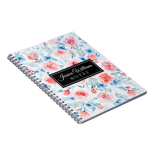 Pink Roses Blue Flowers Waterverf Floral Pattern Notitieboek (Rechterzijde)