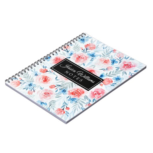 Pink Roses Blue Flowers Waterverf Floral Pattern Notitieboek (Linkerzijde)
