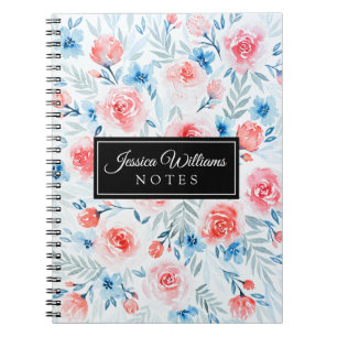 Pink Roses Blue Flowers Waterverf Floral Pattern Notitieboek