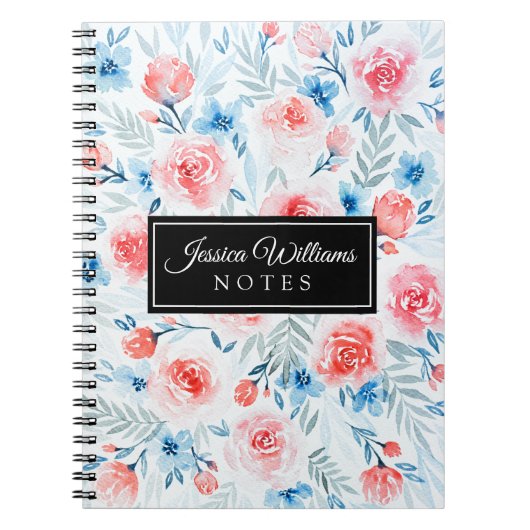 Pink Roses Blue Flowers Waterverf Floral Pattern Notitieboek (Voorkant)