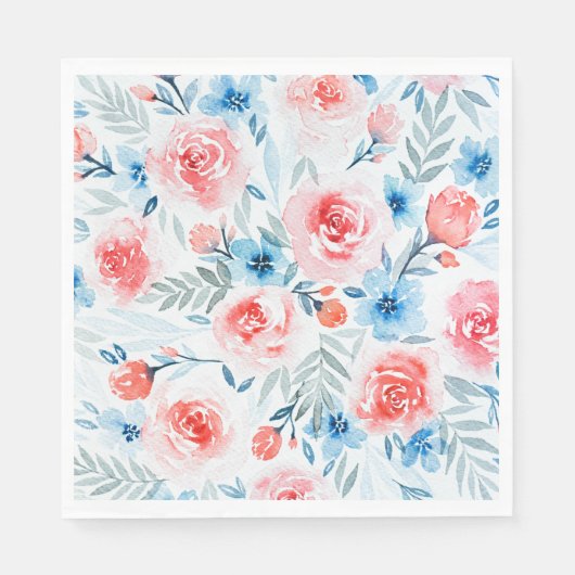 Pink Roses Blue Flowers Waterverf Floral Pattern Servet (Voorkant)