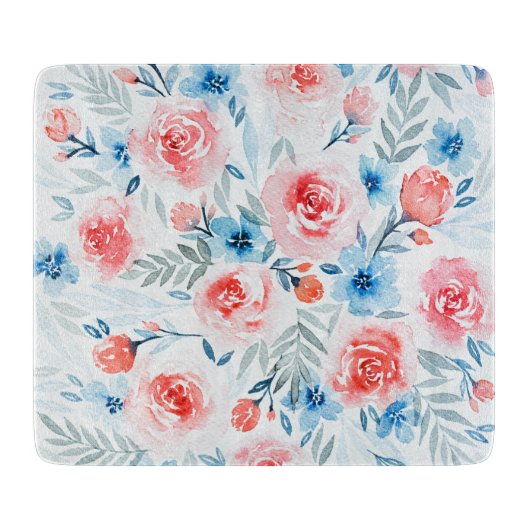 Pink Roses Blue Flowers Waterverf Floral Pattern Snijplank (Voorkant)