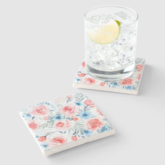 Pink Roses Blue Flowers Waterverf Floral Pattern Stenen Onderzetter (Zijkant)