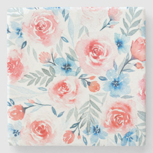 Pink Roses Blue Flowers Waterverf Floral Pattern Stenen Onderzetter