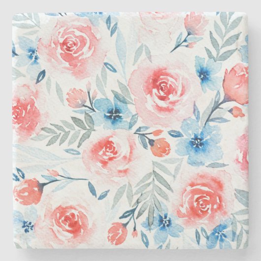 Pink Roses Blue Flowers Waterverf Floral Pattern Stenen Onderzetter (Voorkant)