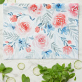 Pink Roses Blue Flowers Waterverf Floral Pattern Theedoek (Gevouwen)
