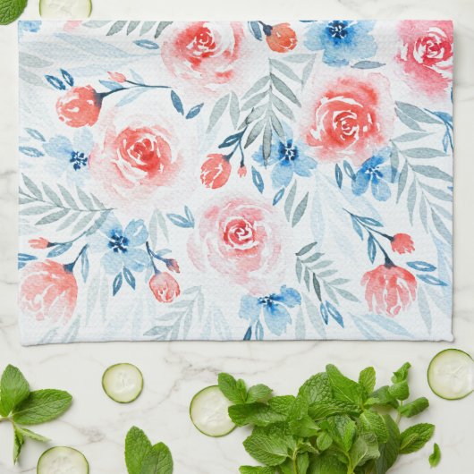 Pink Roses Blue Flowers Waterverf Floral Pattern Theedoek (Gevouwen)