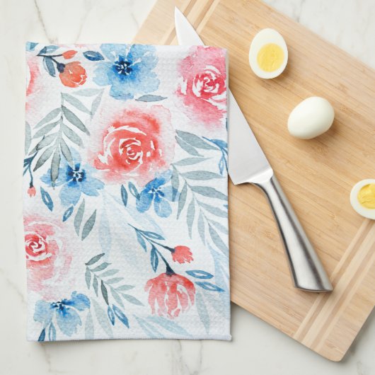Pink Roses Blue Flowers Waterverf Floral Pattern Theedoek (Quarter Fold)