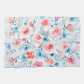 Pink Roses Blue Flowers Waterverf Floral Pattern Theedoek (Horizontaal)