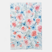 Pink Roses Blue Flowers Waterverf Floral Pattern Theedoek (Verticaal)