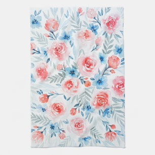 Pink Roses Blue Flowers Waterverf Floral Pattern Theedoek