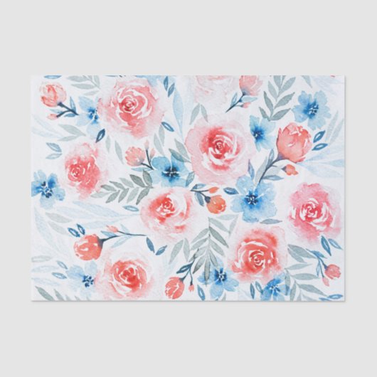 Pink Roses Blue Flowers Waterverf Floral Pattern Tissuepapier (Voorkant)