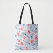 Pink Roses Blue Flowers Waterverf Floral Pattern Tote Bag (Voorkant)