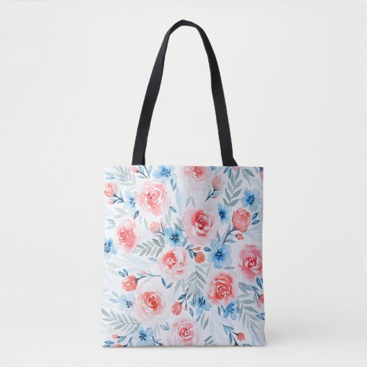 Pink Roses Blue Flowers Waterverf Floral Pattern Tote Bag (Voorkant)