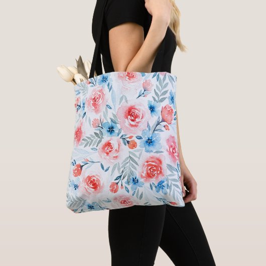 Pink Roses Blue Flowers Waterverf Floral Pattern Tote Bag (Dichtbij)