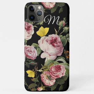 PINK ROSES, BUTTERFLIES, zwart Floral Monogram Case-Mate iPhone Case