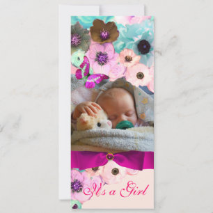 PINK ROSES, BUTTERFLY BABY SHOWER FOTO TEMPLATE KAART