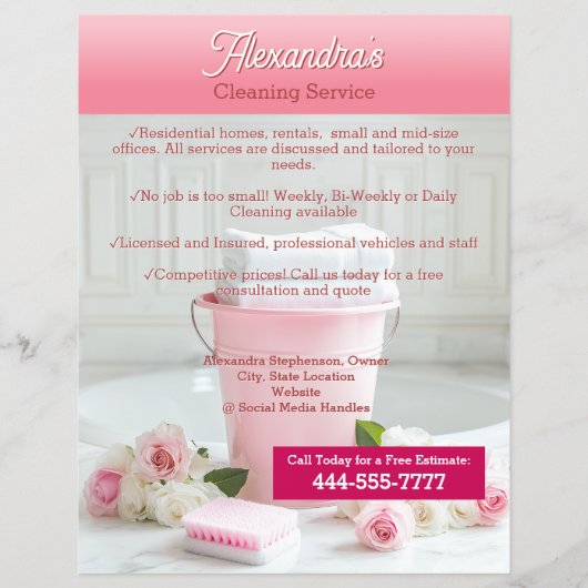 Pink Roses Cleaning Service Sjabloon Business Flyer (Voorkant)