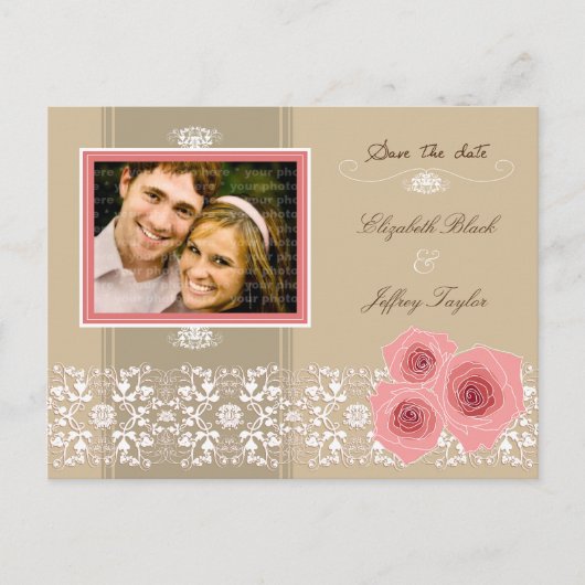 Pink Roses Damask Lace Save the Date Briefkaart (Voorkant)