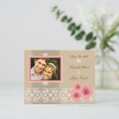Pink Roses Damask Lace Save the Date Briefkaart (Staand voorkant)
