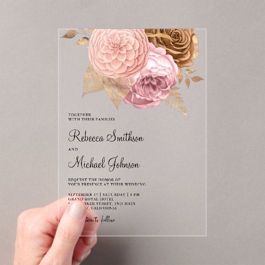 Pink Roses Earthy Floral Wedding Acryl Uitnodigingen (Insitu (Draagbaar))
