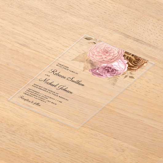 Pink Roses Earthy Floral Wedding Acryl Uitnodigingen (Laagn)
