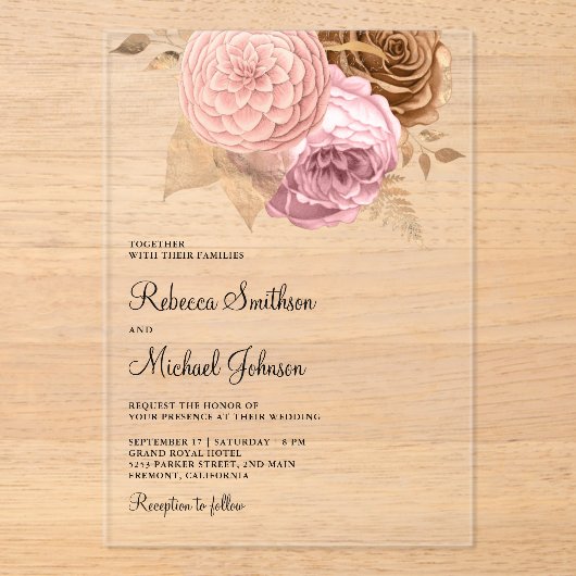 Pink Roses Earthy Floral Wedding Acryl Uitnodigingen (Voorkant)