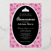 Pink Roses Elegant Silver Floral Quinceanera   Folie Uitnodiging (Voorkant)