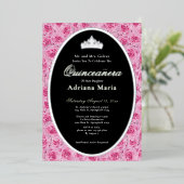 Pink Roses Elegant Silver Floral Quinceanera   Folie Uitnodiging (Staand Voorkant)
