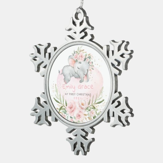 Pink Roses Elephant Baby 1st First Christmas Tin Sneeuwvlok Ornament (Rechts)