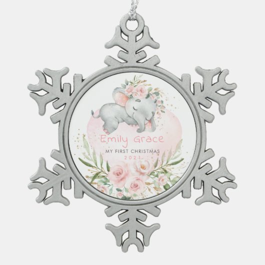 Pink Roses Elephant Baby 1st First Christmas Tin Sneeuwvlok Ornament (Voorkant)