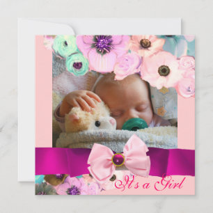 PINK ROSES EN BOW BABY SHOWER FOTO TEMPLATE KAART