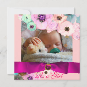 PINK ROSES EN BOW BABY SHOWER FOTO TEMPLATE KAART