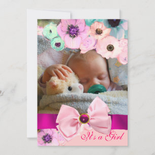 PINK ROSES EN BOW BABY SHOWER FOTO TEMPLATE KAART